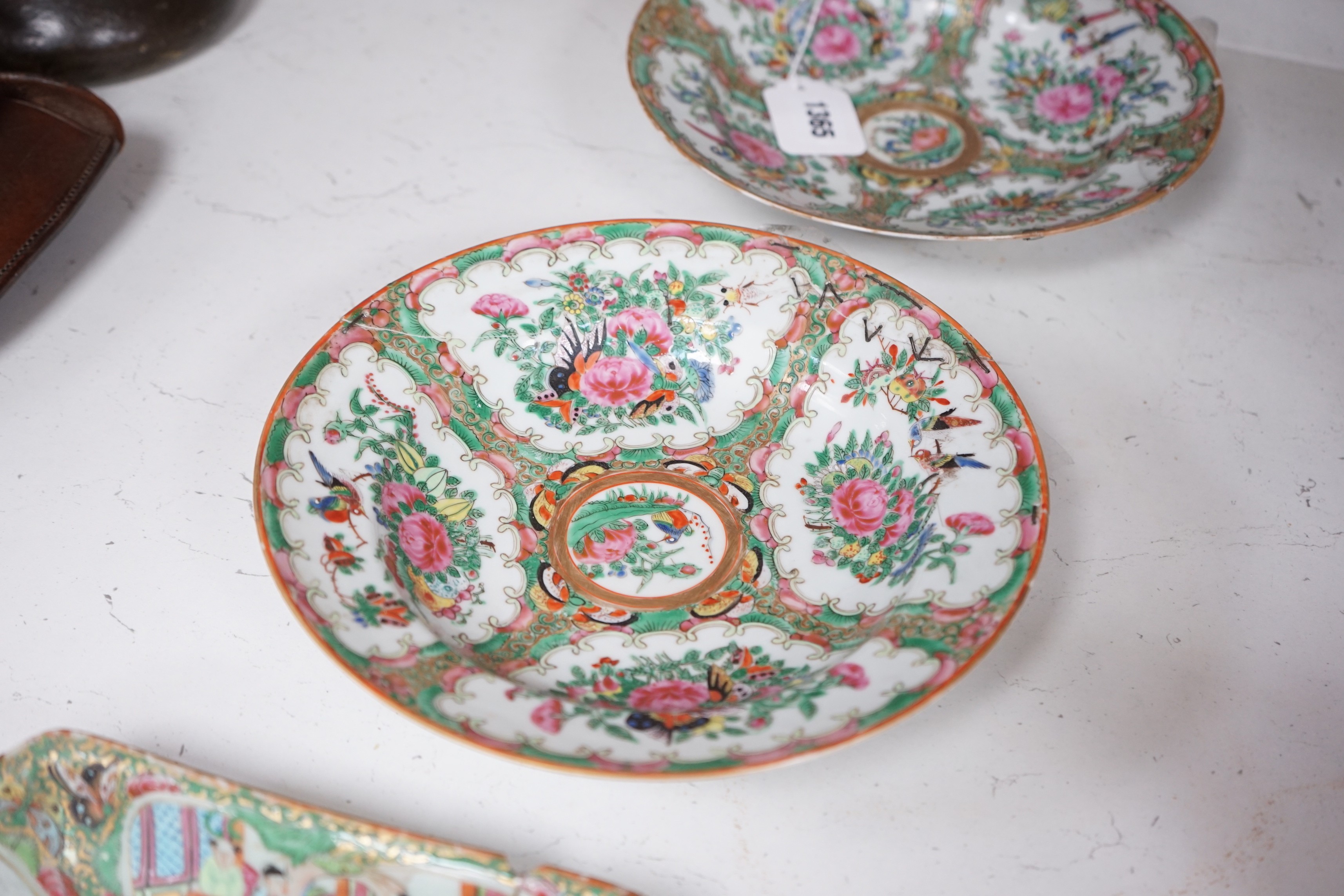 A group of 19th century Chinese famille rose - two plates, a square dish and a box and cover and two blue and white small vases